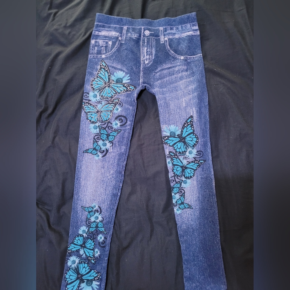 Jeweled denim print leggings